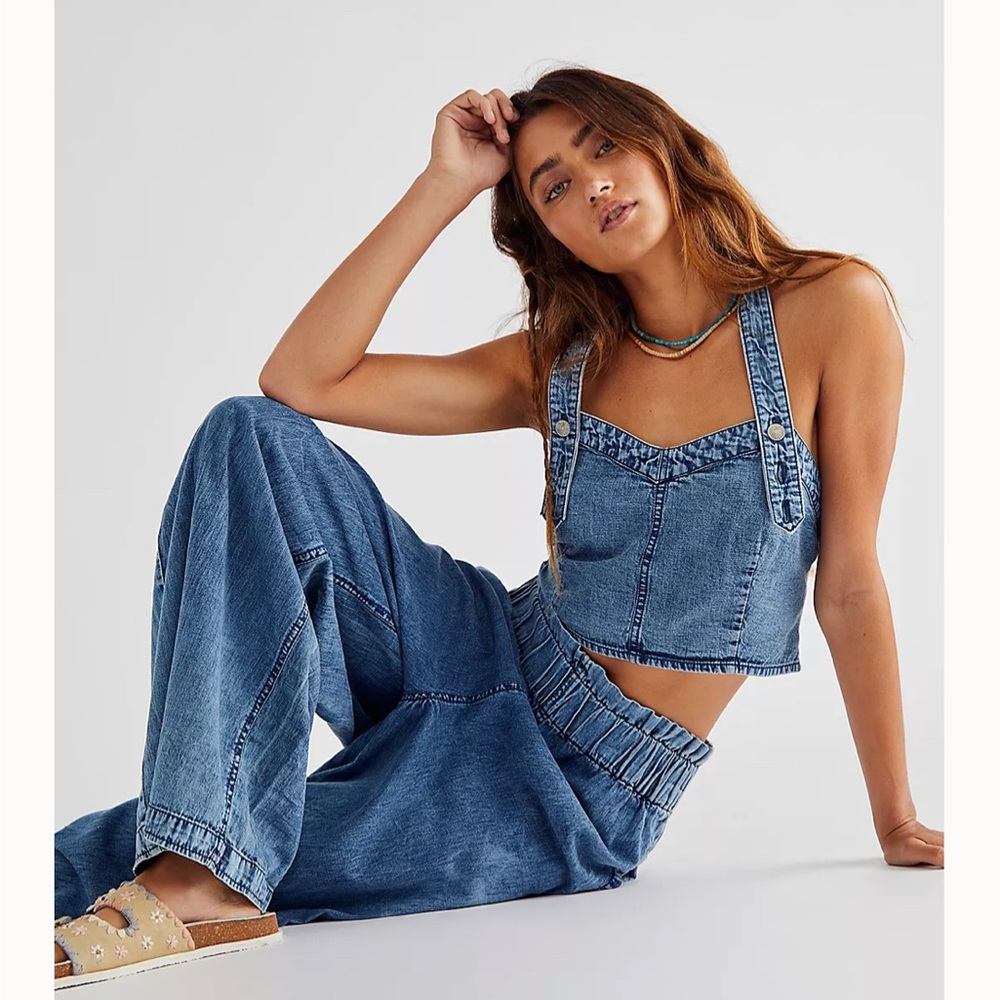 Free People Paradise Denim Wide Leg Cropped Top Set XL